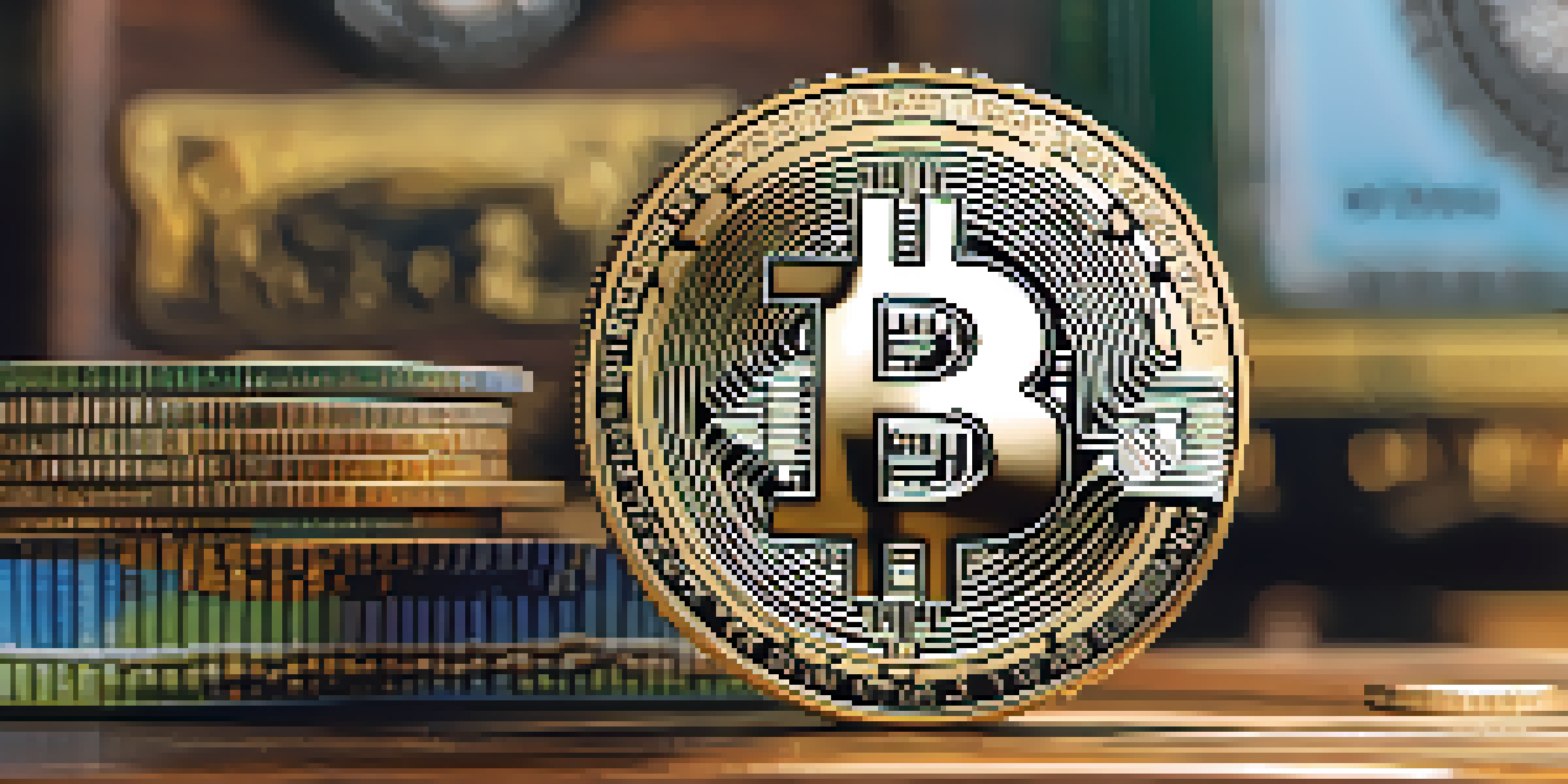 A Bitcoin coin on a wooden desk with natural light, blurred global trade items in the background.