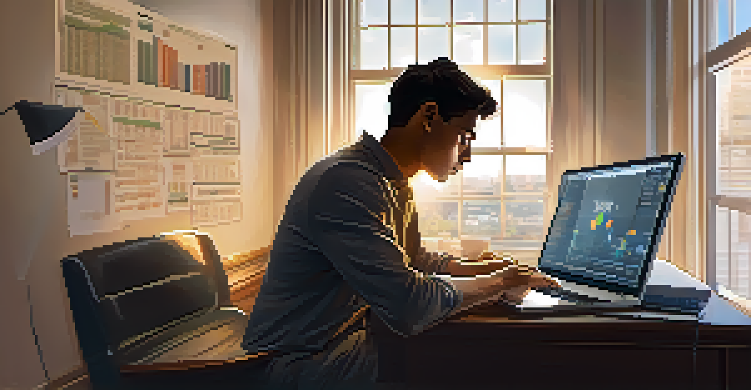 A person at a desk looking at financial charts on a laptop with the Bitcoin logo visible on the screen.