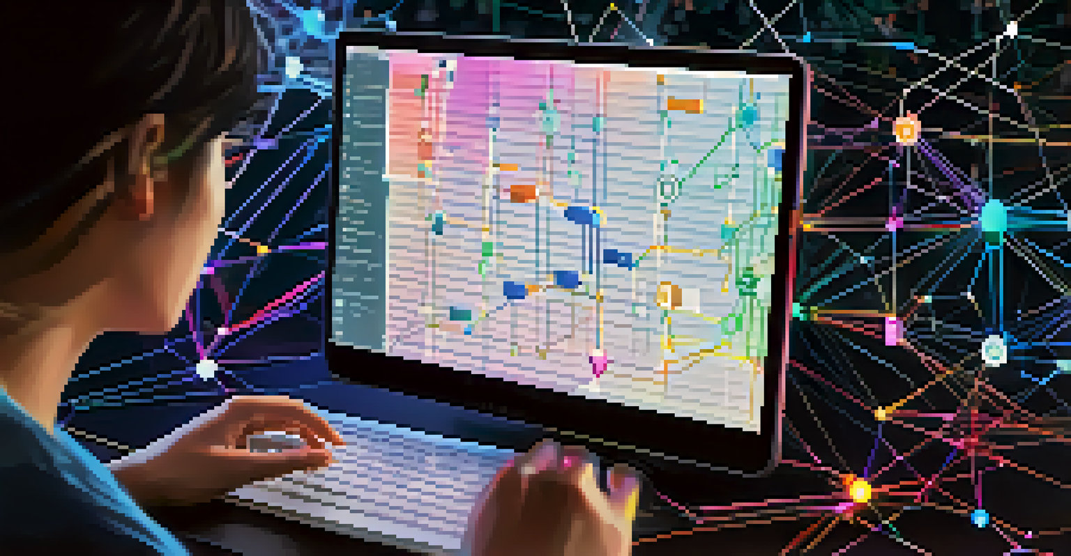 A close-up of a computer screen showing a blockchain network diagram with colorful nodes.