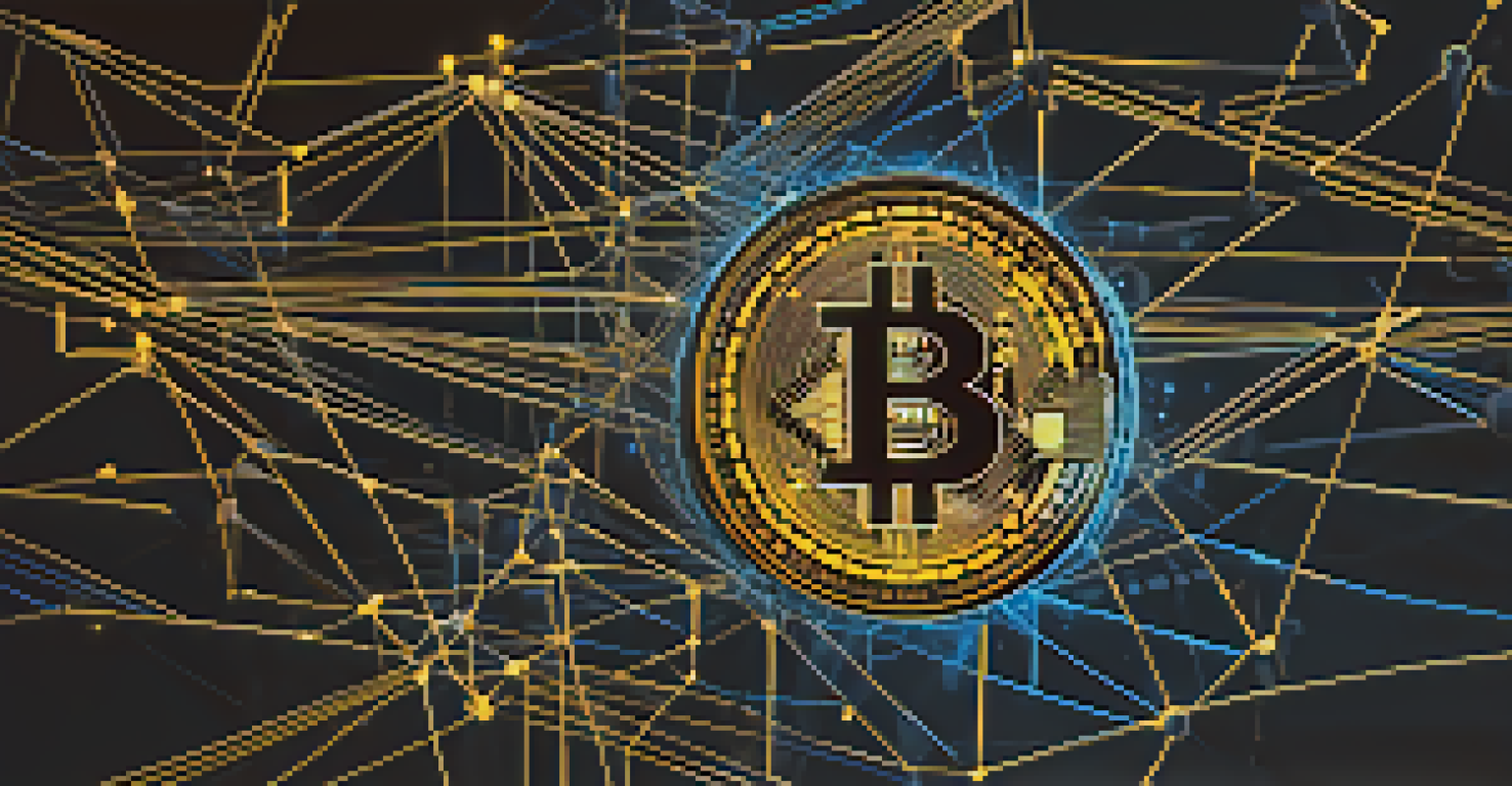 An abstract representation of Bitcoin as a digital identity verification tool with interconnected nodes on a dark background.