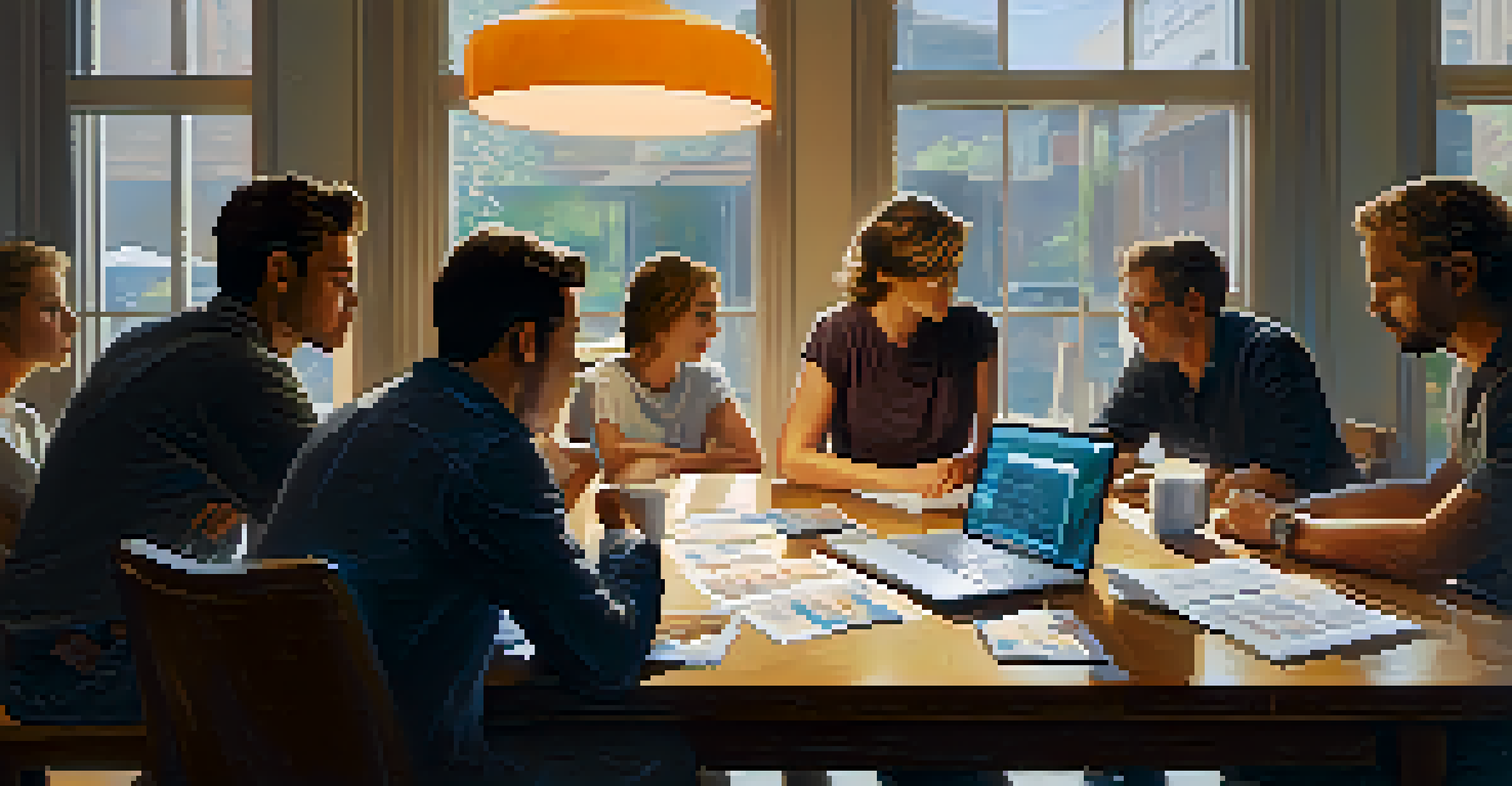 A group of individuals discussing cryptocurrency security with a laptop and notes on phishing tactics.