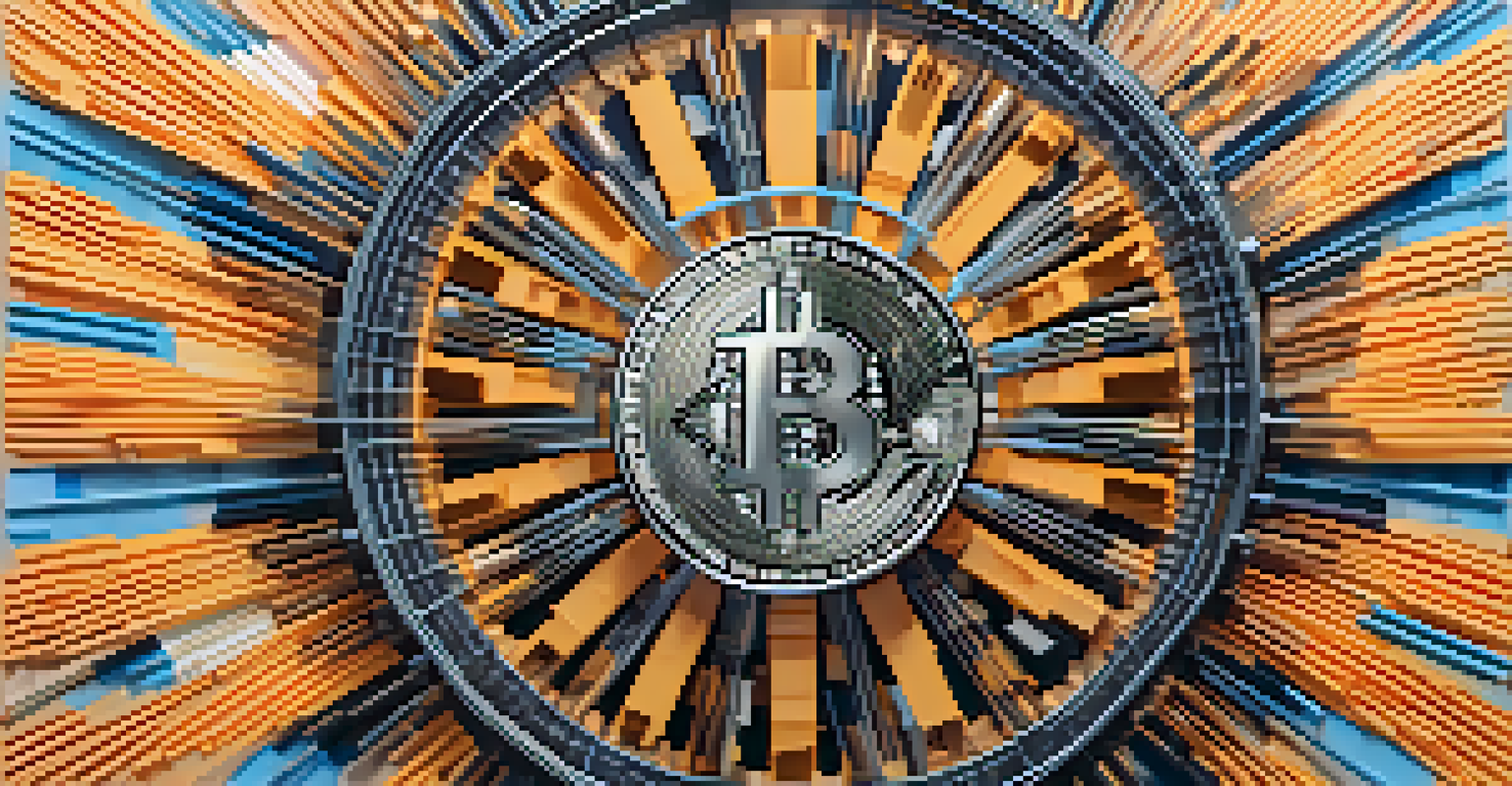 An abstract image of Bitcoin at the center of a wheel with spokes representing various cryptocurrencies.