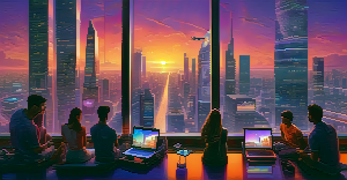 A vibrant city skyline during sunset with futuristic skyscrapers and people using digital devices, depicting cryptocurrency themes.