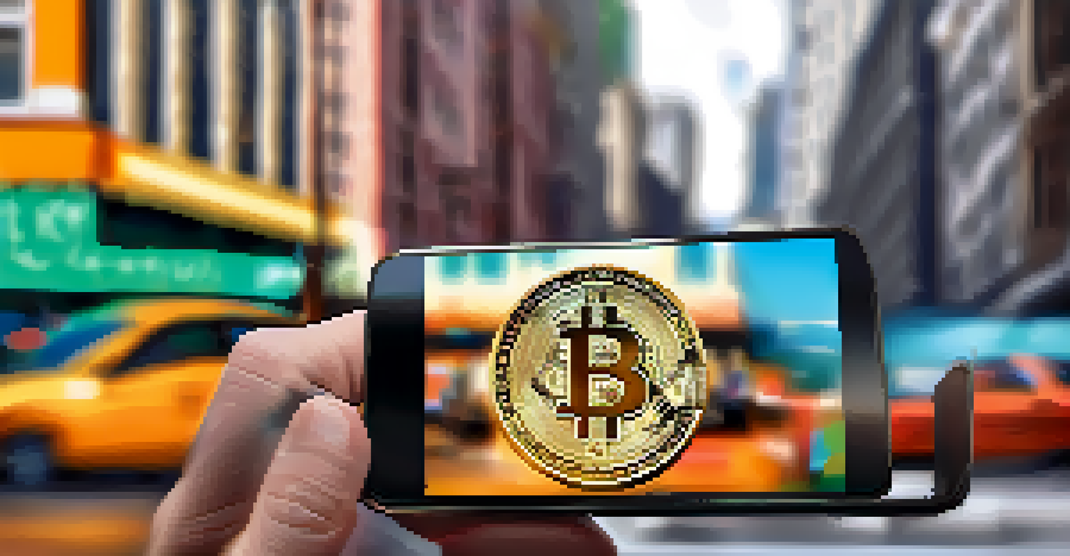 A close-up of a hand holding a smartphone with a Bitcoin wallet app against a blurred city background.
