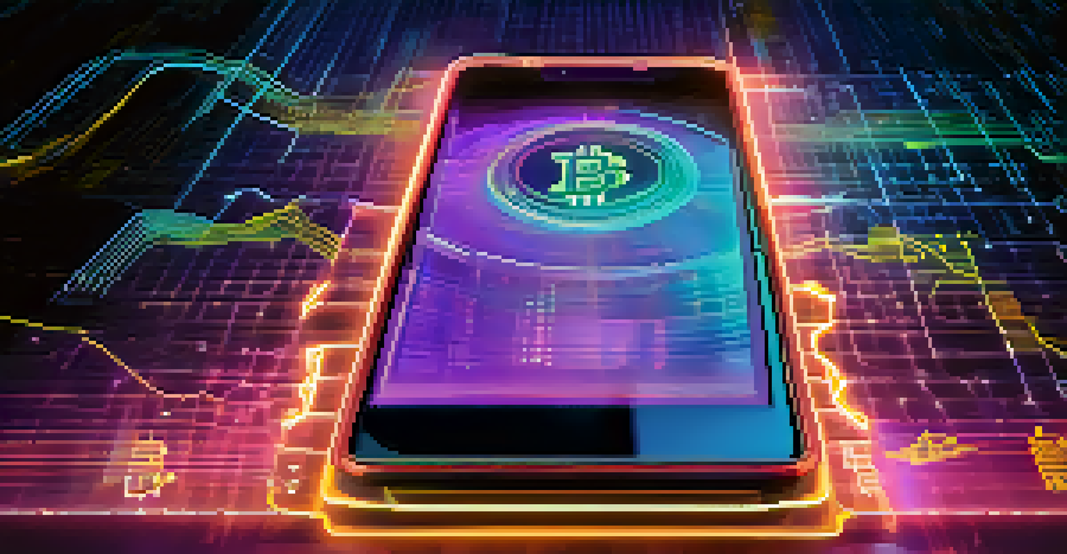 A smartphone displaying a Bitcoin wallet interface with digital currency symbols in the background, showcasing the ease of transactions.