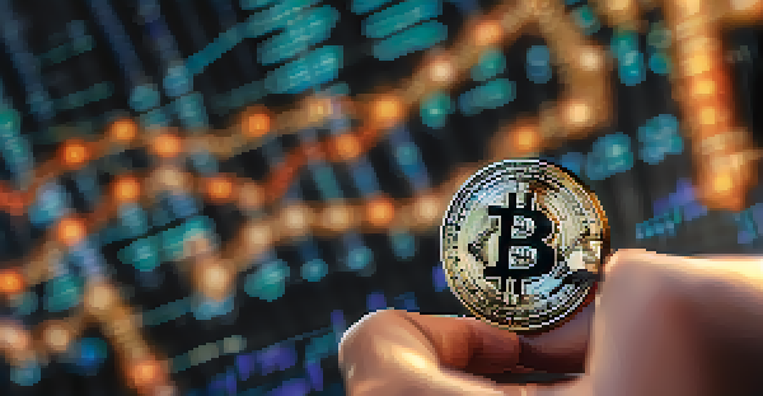 A close-up of a hand holding a shiny Bitcoin coin against a background of stock market graphs and digital currency symbols.