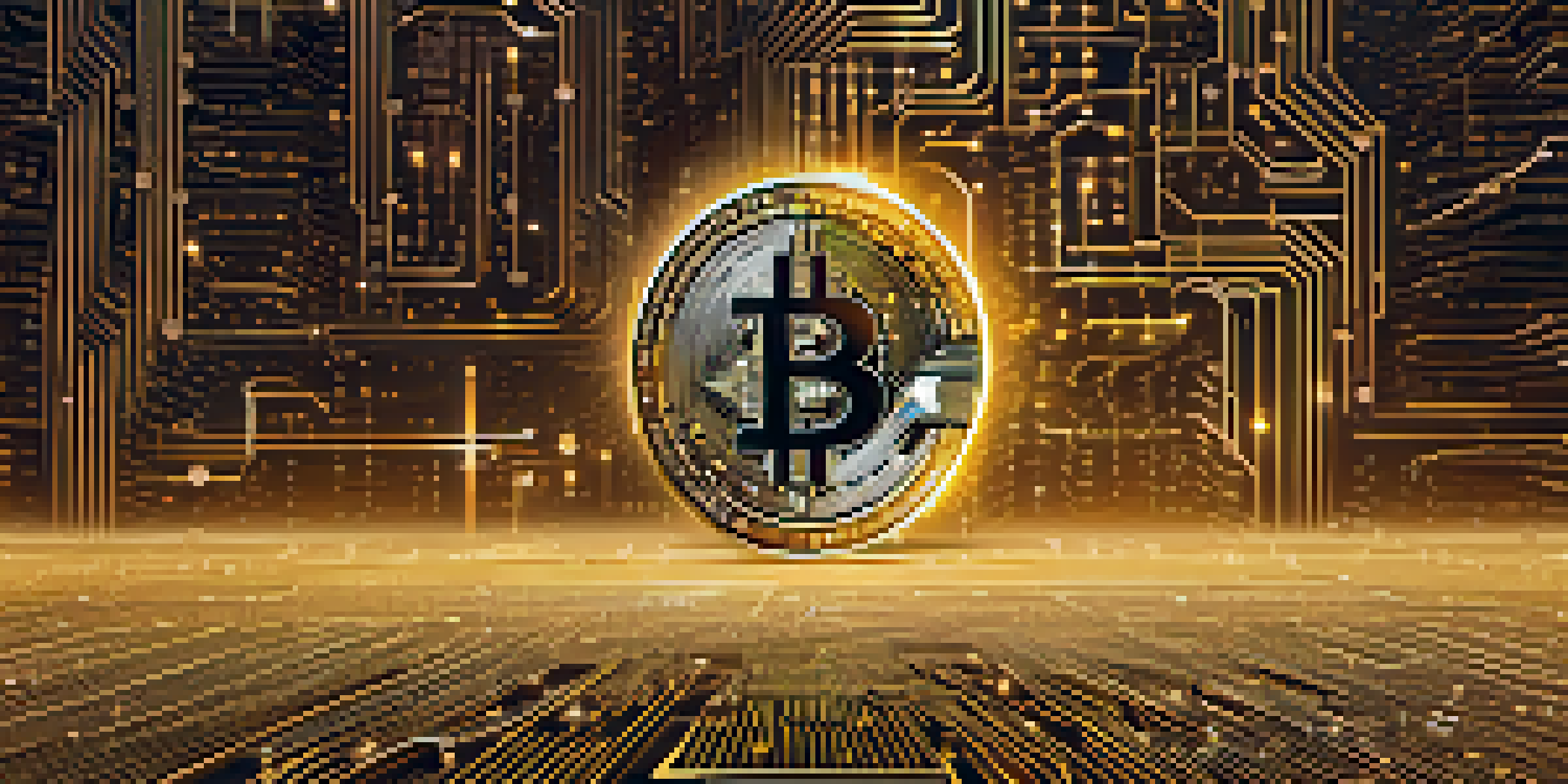 A close-up of a Bitcoin symbol in gold, surrounded by a glowing digital landscape with binary code.
