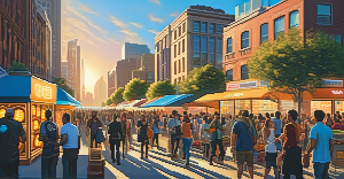 A vibrant urban street scene with diverse people engaging with Bitcoin, storefronts displaying cryptocurrency symbols, and tall skyscrapers in the background.