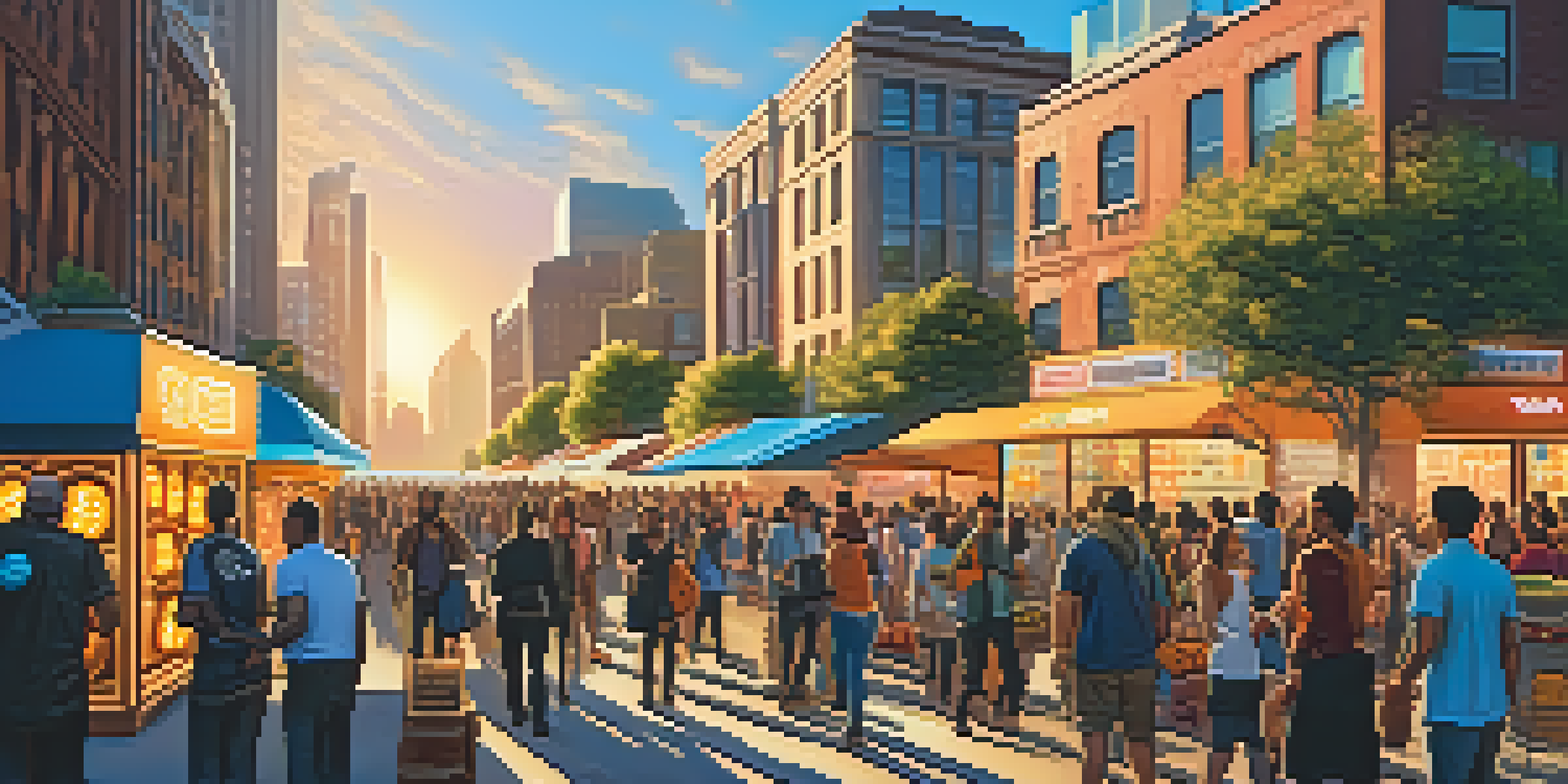 A vibrant urban street scene with diverse people engaging with Bitcoin, storefronts displaying cryptocurrency symbols, and tall skyscrapers in the background.