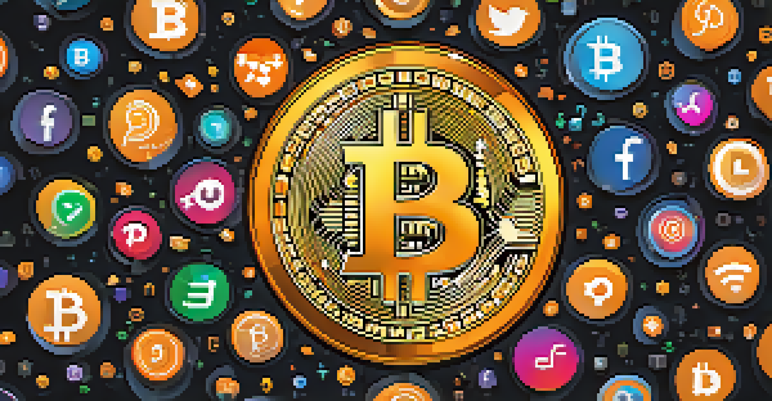 A glowing Bitcoin symbol surrounded by floating social media icons and posts in a dark background.