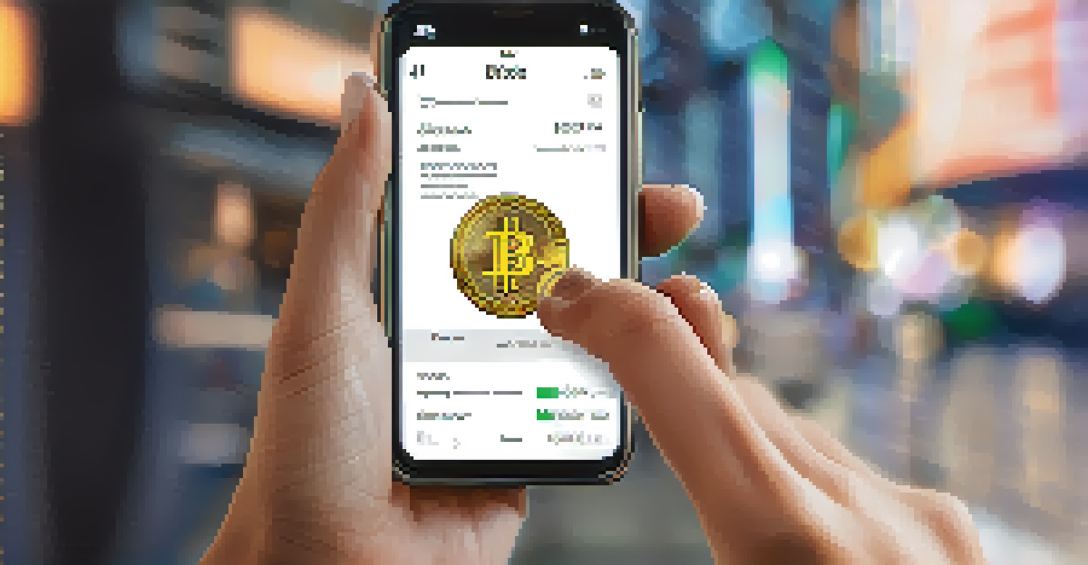A close-up of hands using a smartphone for Bitcoin transactions, with a digital wallet app visible on the screen.