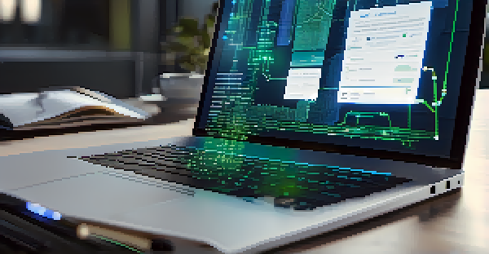 A digital device showing a blockchain ledger interface with interconnected nodes and transaction data in a dark room.