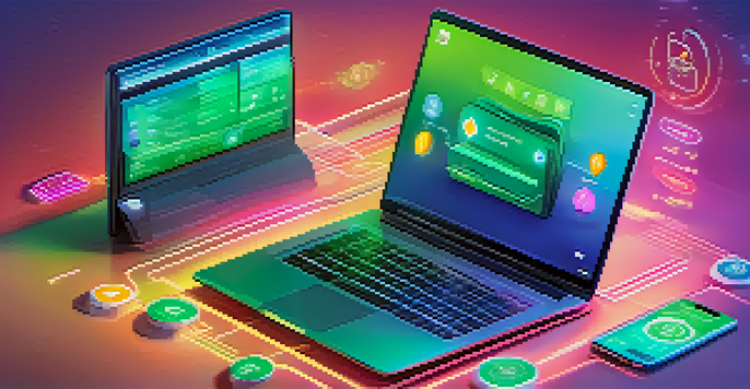 A digital wallet interface on a laptop, surrounded by cryptocurrency icons in a gradient background.