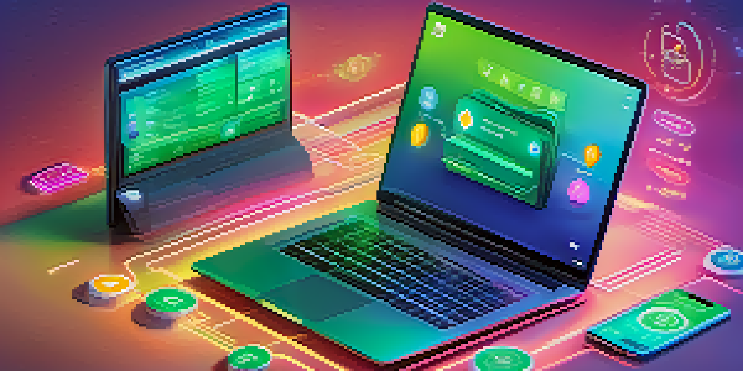 A digital wallet interface on a laptop, surrounded by cryptocurrency icons in a gradient background.