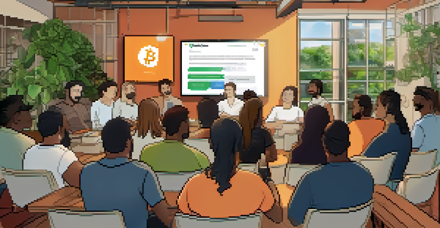 A computer screen showing a virtual Bitcoin meetup with diverse participants in discussion.