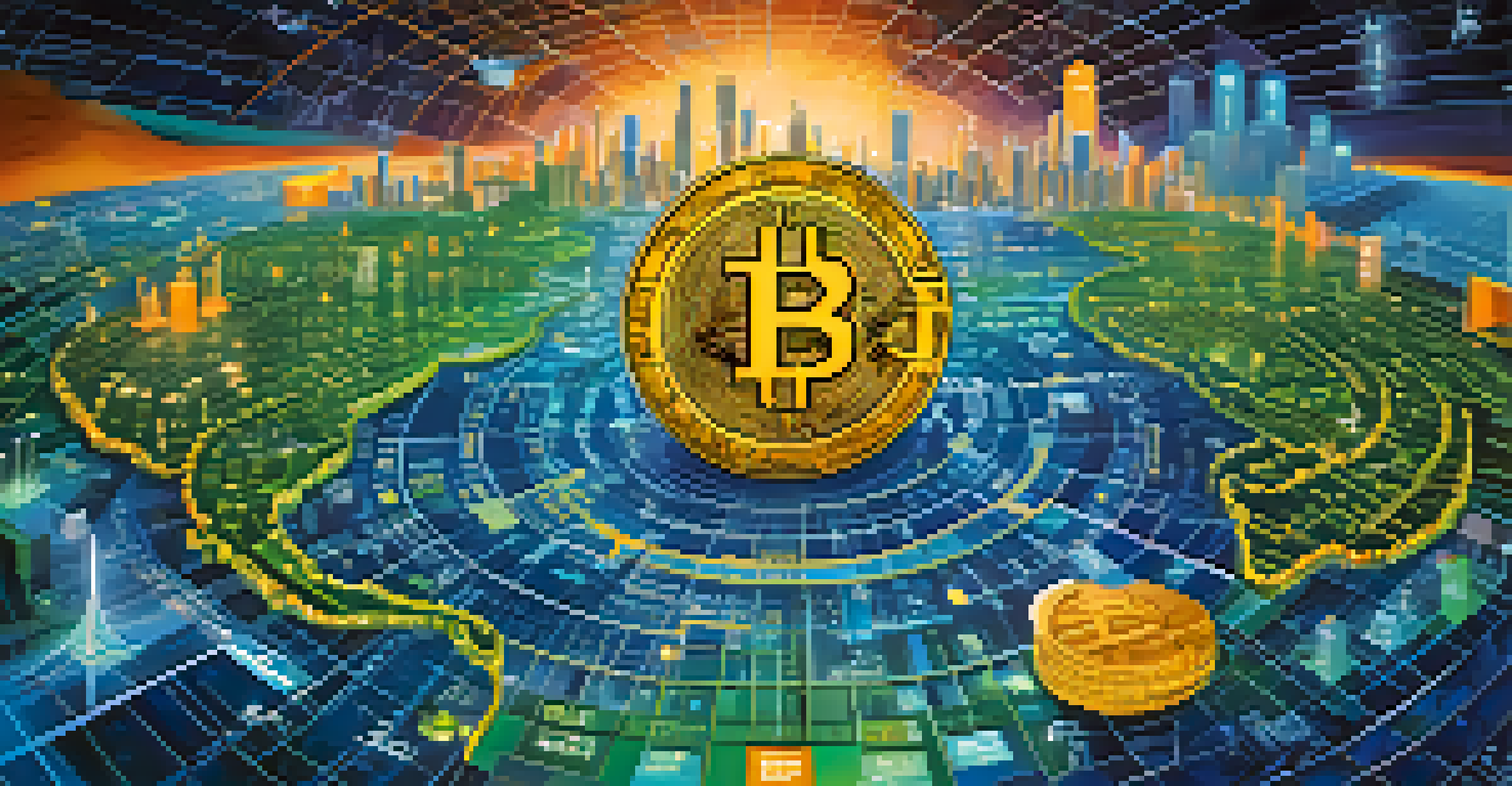 A digital financial landscape with Bitcoin charts and symbols of inflation and interest rates.