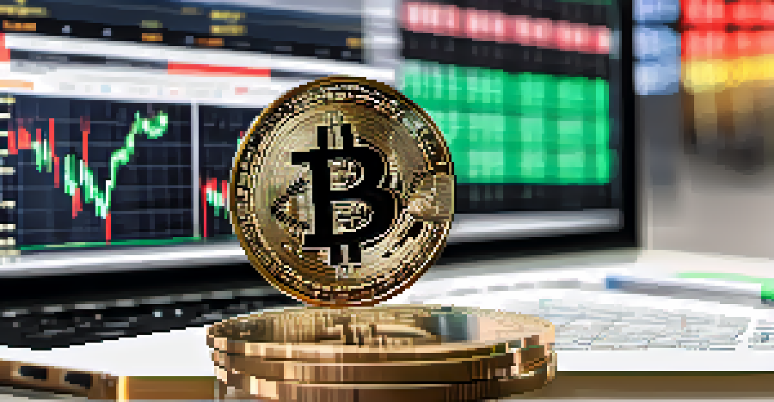 A Bitcoin coin on financial reports with a stock market display in the background.