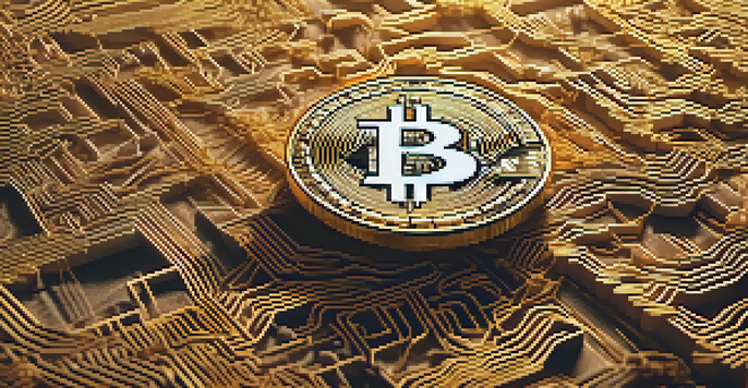 A Bitcoin coin on golden grains with a blurred city skyline in the background.