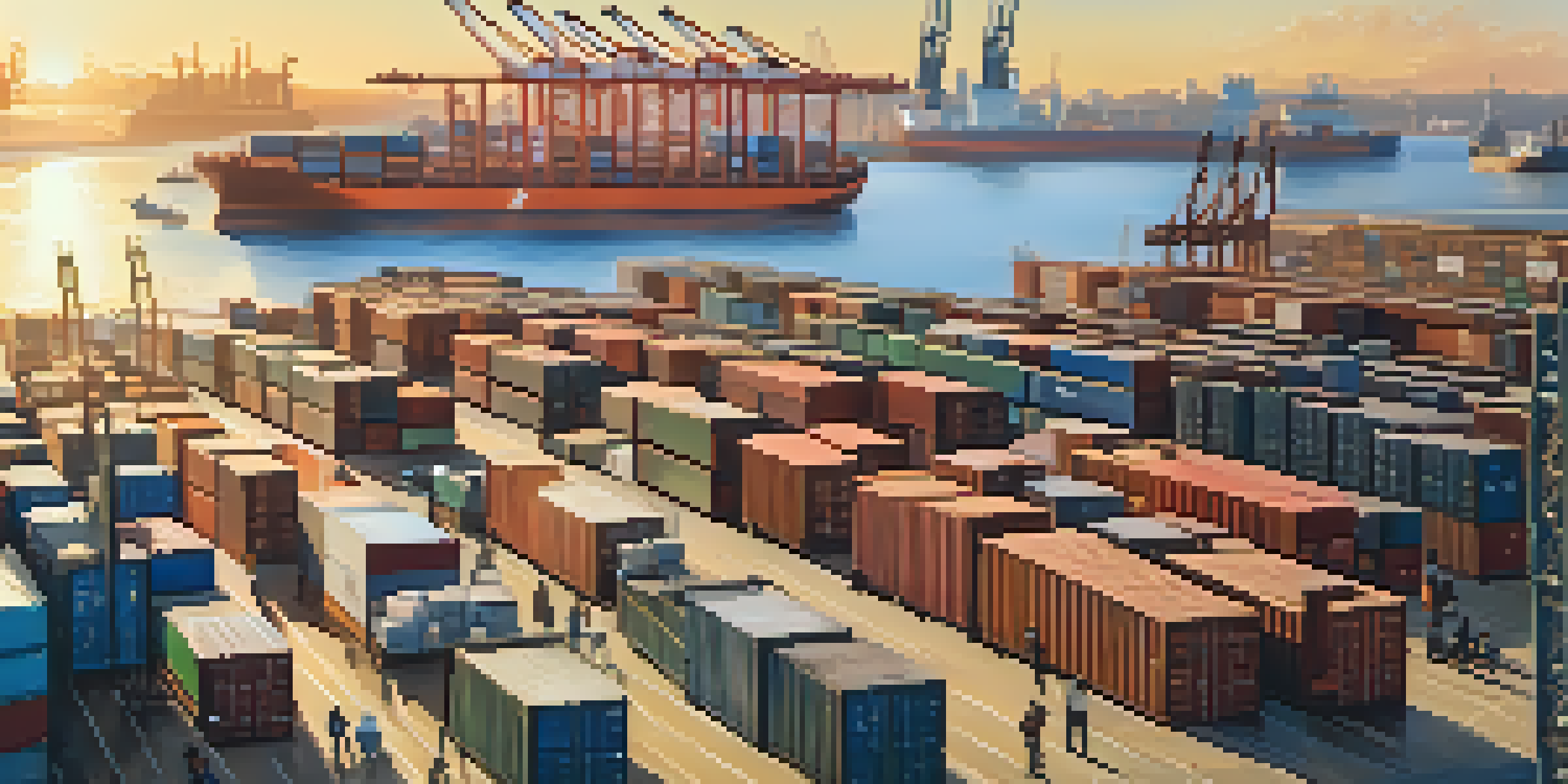 A diverse group of traders at an international port, exchanging Bitcoin on devices amidst shipping containers and cargo ships during sunset.
