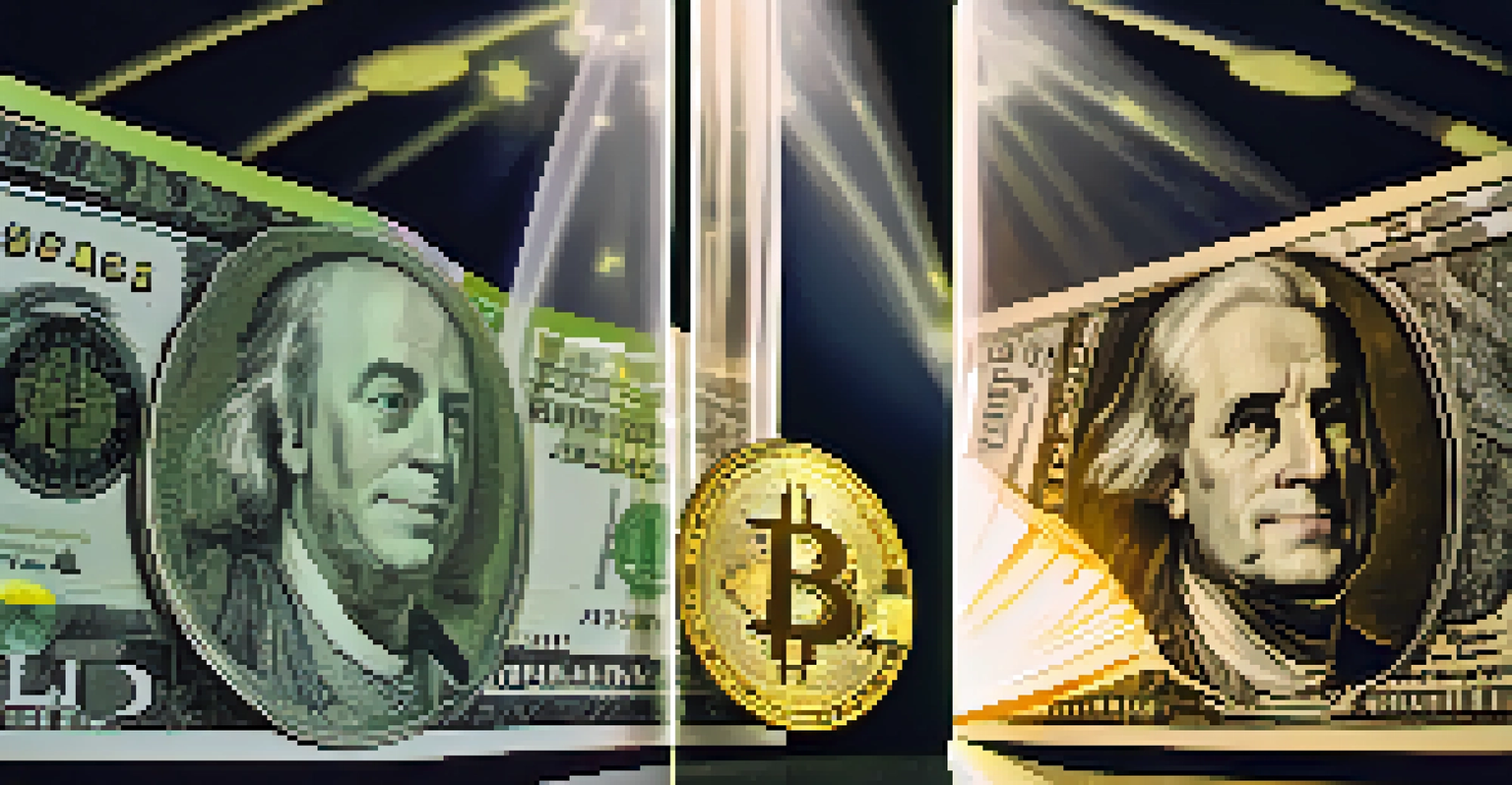 A split image showing traditional US dollar bills on one side and a glowing digital Bitcoin representation on the other side, illustrating the contrast between the two currencies.
