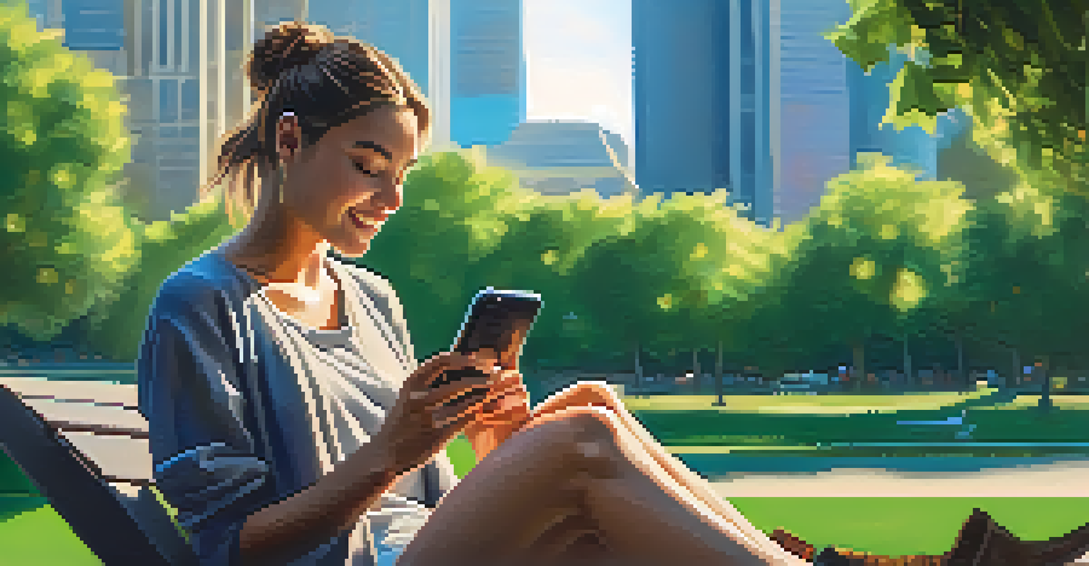 A person smiling at their smartphone in a park, with Bitcoin prices rising on the screen, surrounded by greenery and soft sunlight.