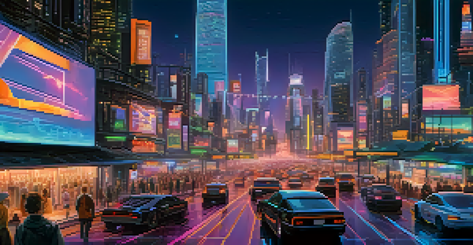 A futuristic city skyline at dusk with neon lights and digital billboards displaying Bitcoin prices, filled with people and vehicles.