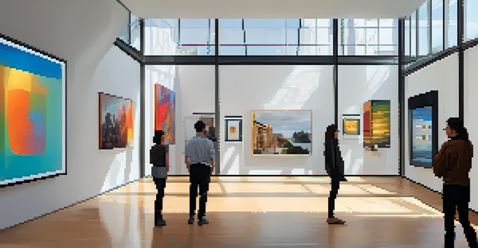 A bright and modern art gallery filled with contemporary artworks and art enthusiasts discussing. Bitcoin is featured as a payment option.