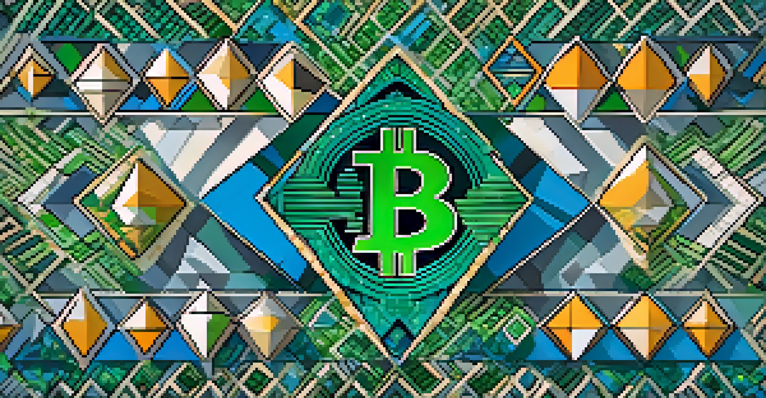 An artistic visualization of various Bitcoin price chart patterns, including head and shoulders and triangles, set against a blue-green background.