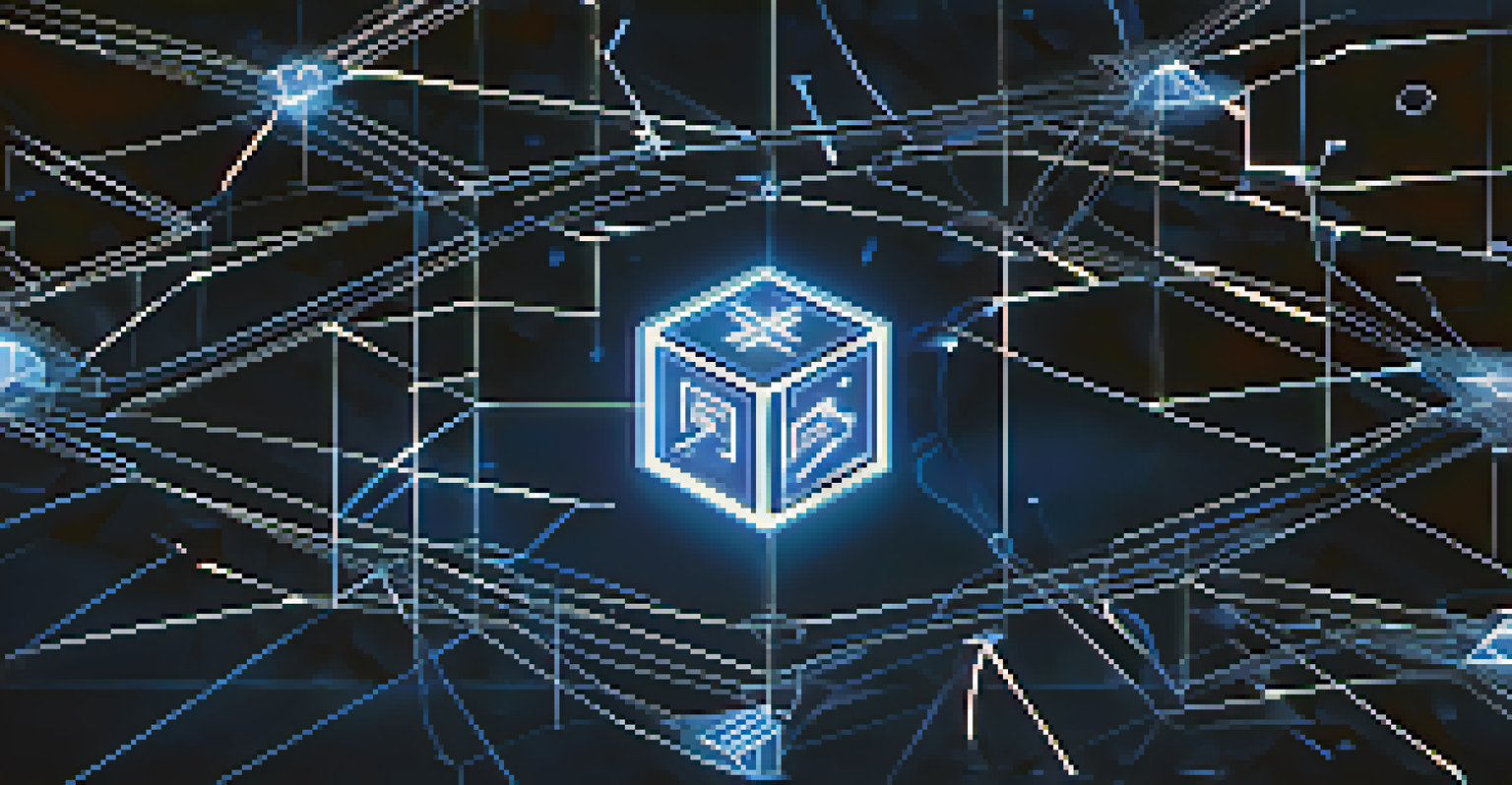Abstract illustration of blockchain technology with glowing interconnected blocks and financial symbols.