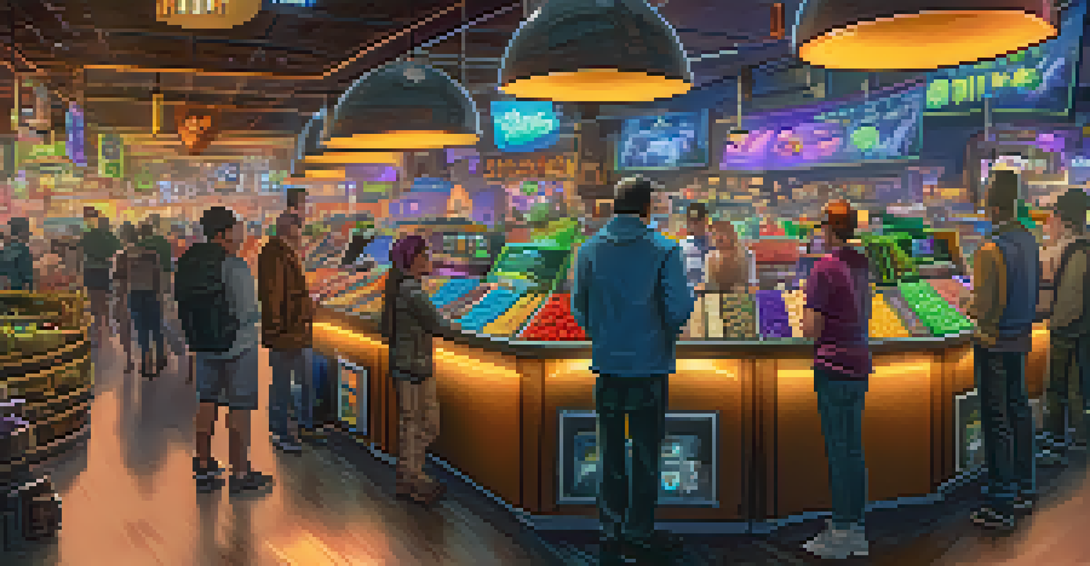 An in-game marketplace filled with animated characters trading virtual items for Bitcoin.