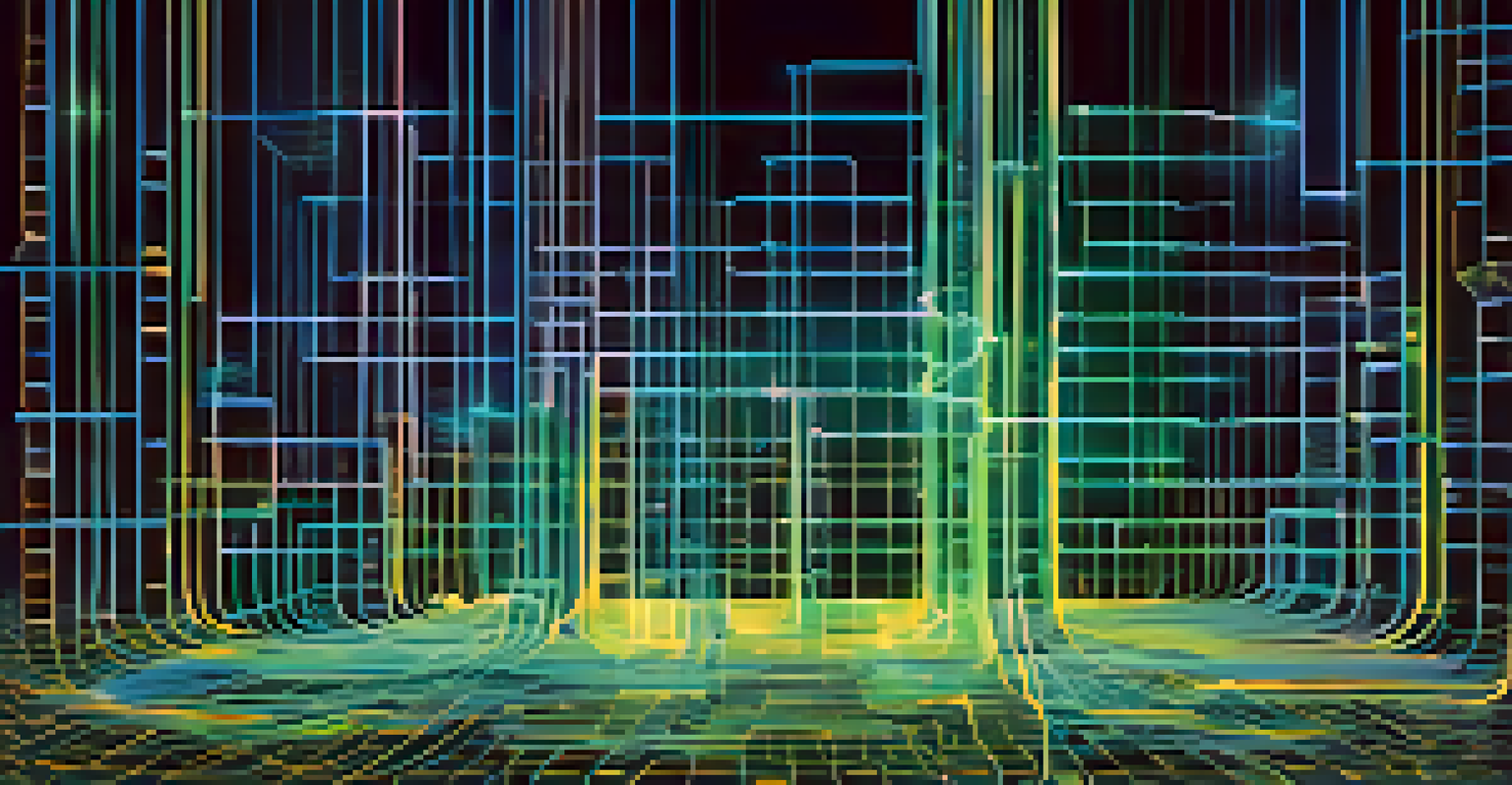 An artistic representation of a blockchain network with interconnected blocks and glowing lines over a digital background.