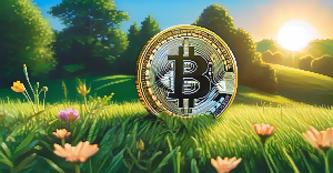 A golden Bitcoin symbol resting on green grass surrounded by wildflowers under a clear blue sky.