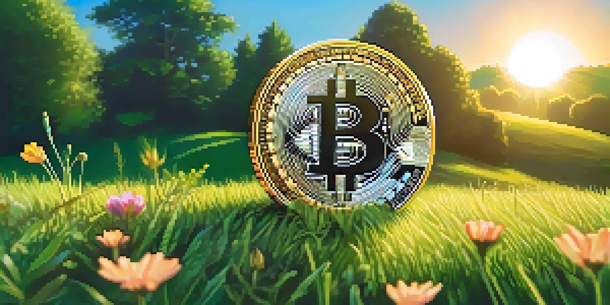 A golden Bitcoin symbol resting on green grass surrounded by wildflowers under a clear blue sky.