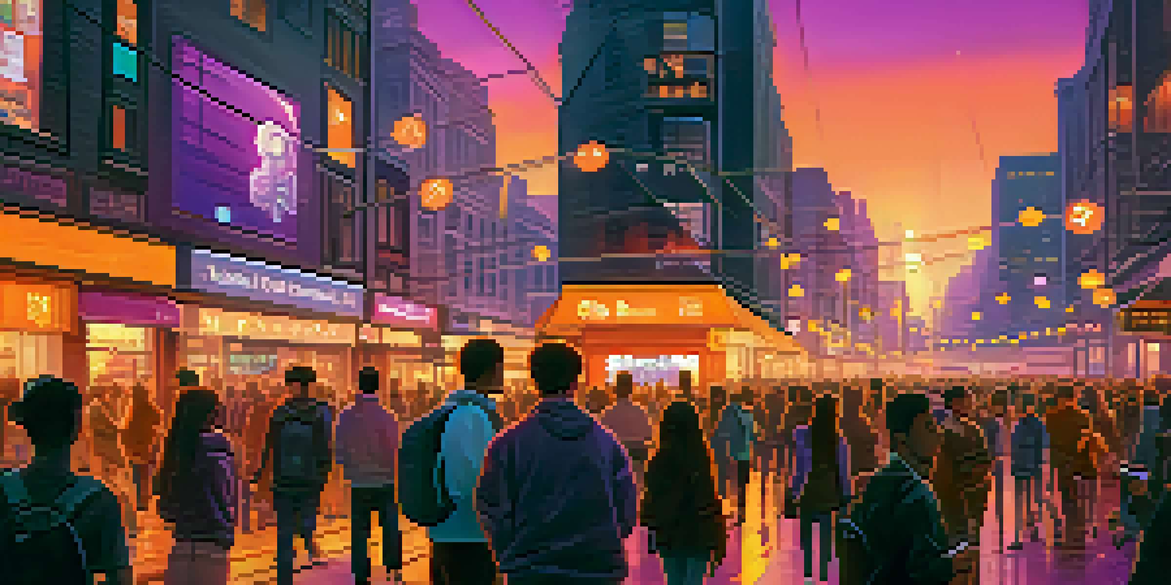 A city street filled with people using smartphones showing cryptocurrency symbols and charts against a dusk sky.