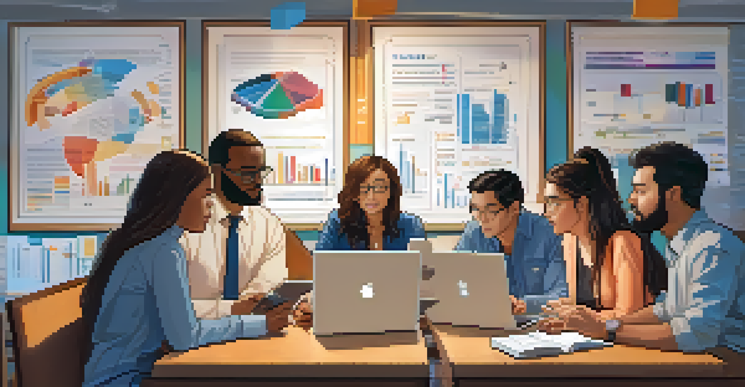 A diverse group of people discussing Bitcoin and blockchain technology at a table, with charts and infographics on the walls.