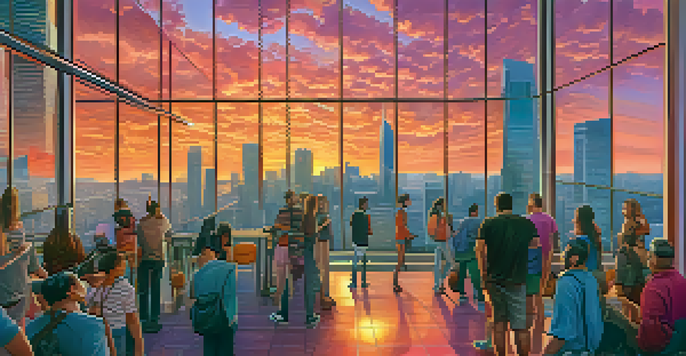 A busy city at sunset with diverse people looking at a digital screen showing Bitcoin prices.