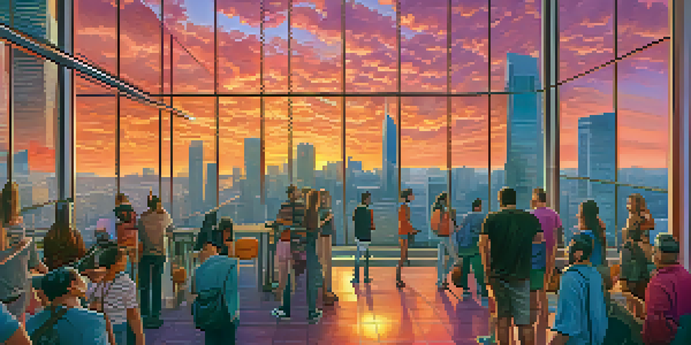 A busy city at sunset with diverse people looking at a digital screen showing Bitcoin prices.