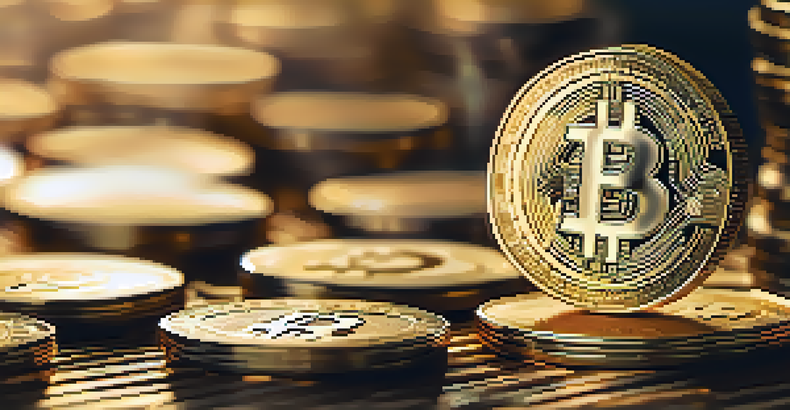 A close-up of a Bitcoin coin on top of a stack of golden coins, highlighting the intricate details.