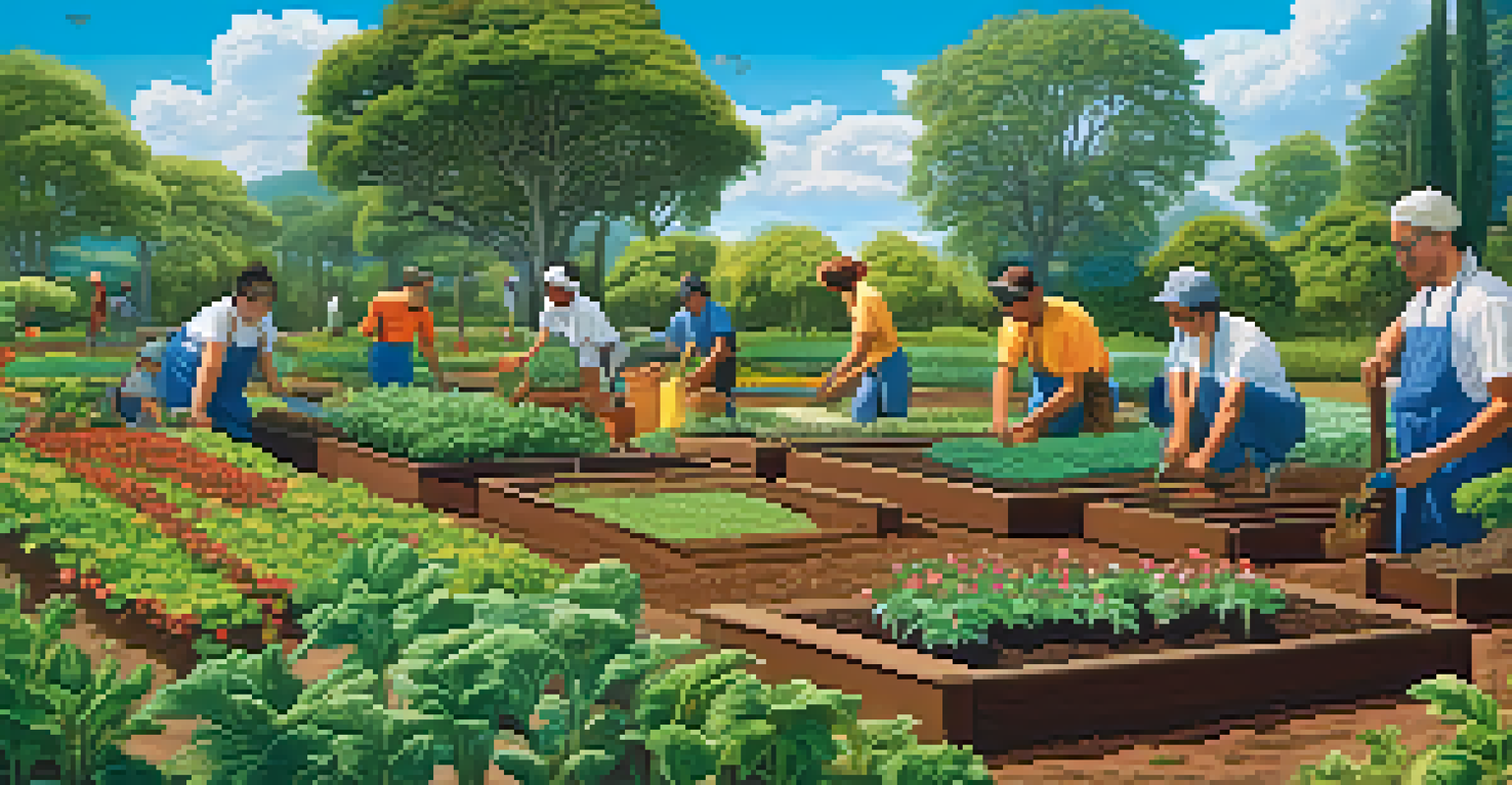 Individuals planting seeds in a flourishing garden, symbolizing empowerment and financial independence through Bitcoin.