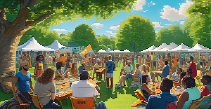 A community gathering with diverse individuals discussing Bitcoin in a park setting, surrounded by greenery and banners.