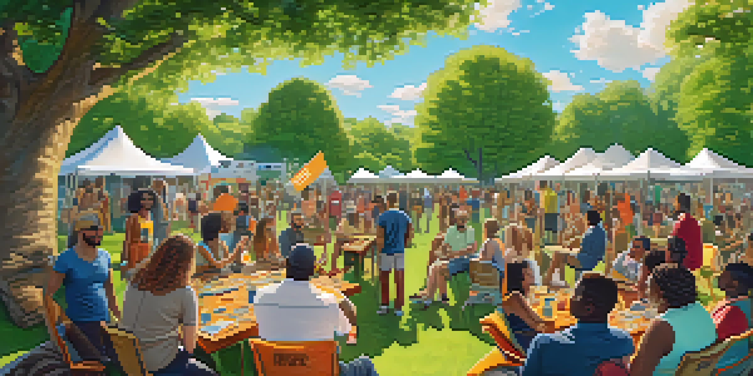 A community gathering with diverse individuals discussing Bitcoin in a park setting, surrounded by greenery and banners.