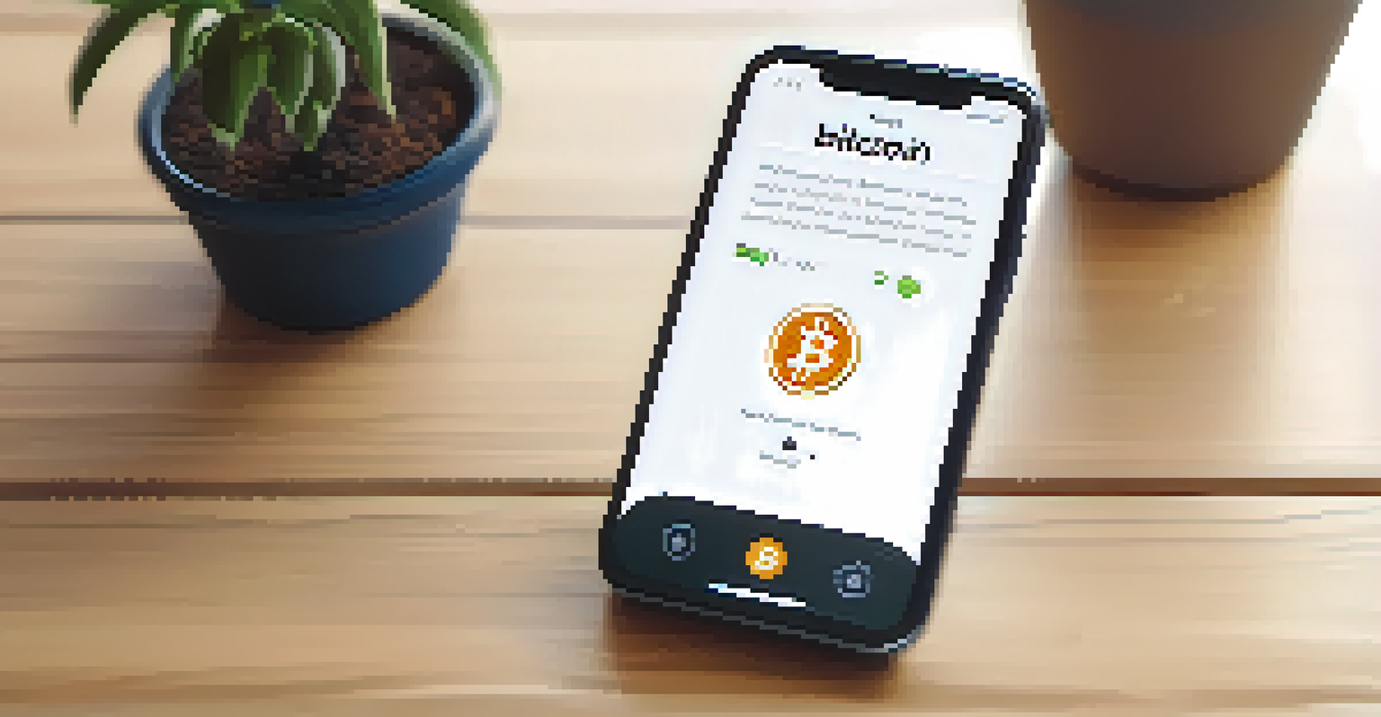 A close-up of a smartphone showing a Bitcoin donation app, placed on a wooden table with a potted plant.