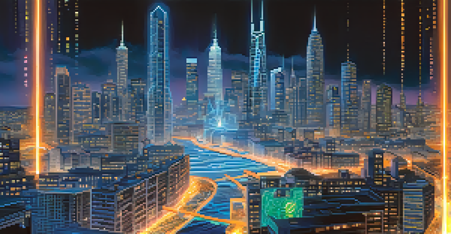 An abstract image of the Bitcoin logo in a futuristic city, surrounded by neon lights and digital data streams.
