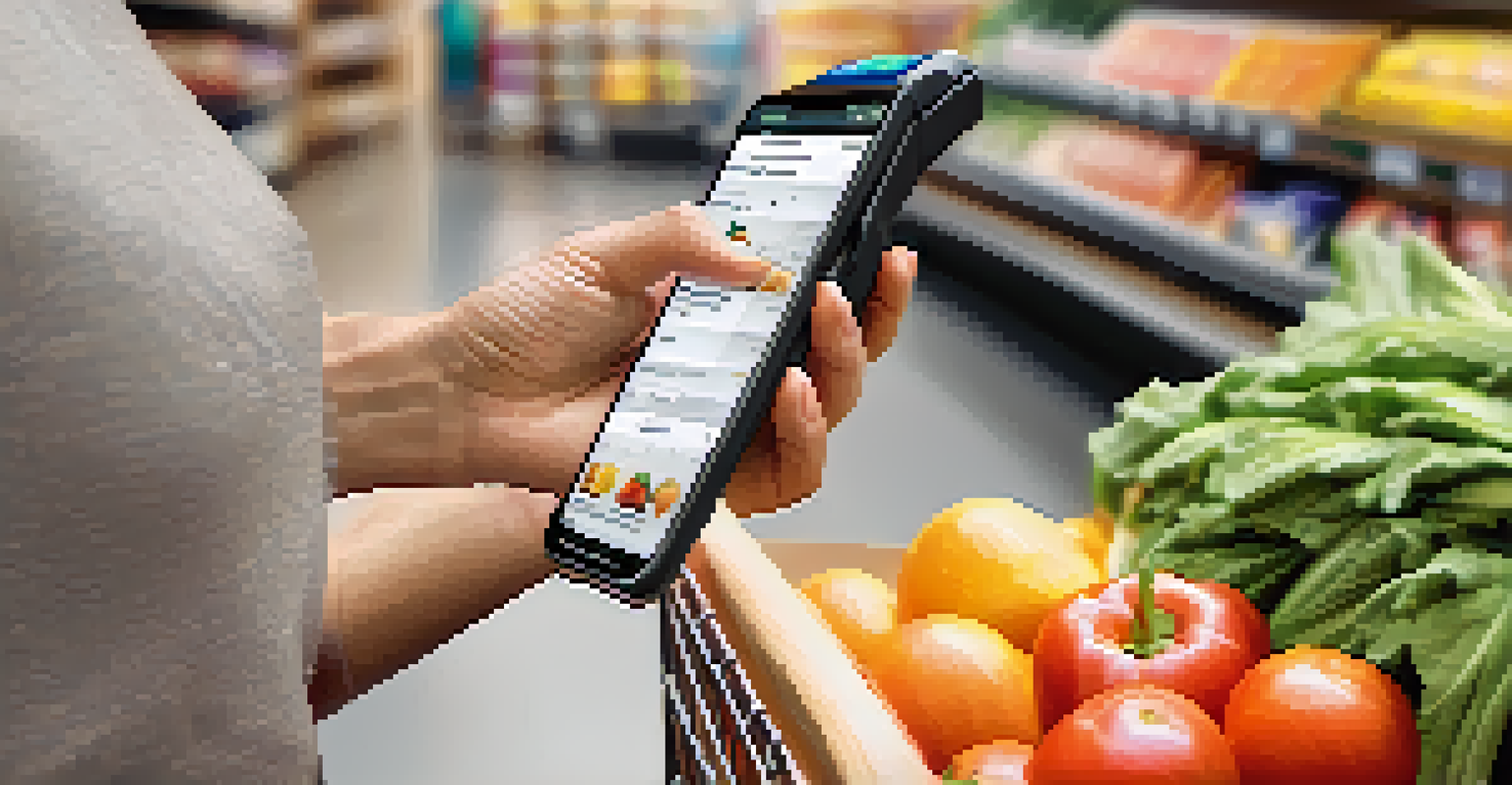 A person using a Bitcoin wallet app on their smartphone at a grocery store checkout.