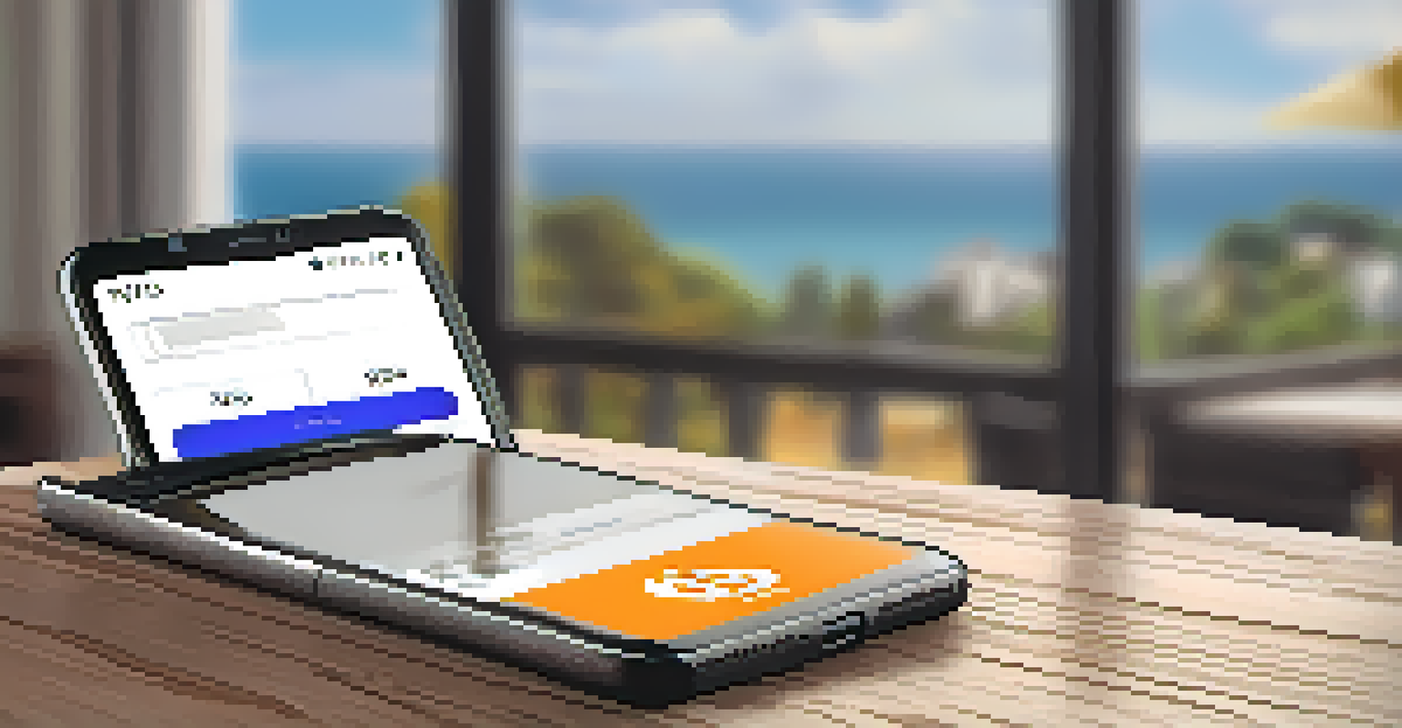 A smartphone displaying a digital Bitcoin wallet interface, with real estate property images blurred in the background.