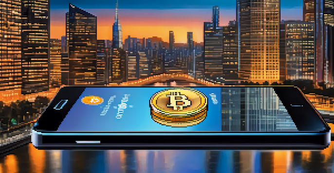 A smartphone showing a Bitcoin wallet app with Bitcoin coins floating around, against a city skyline at dusk.