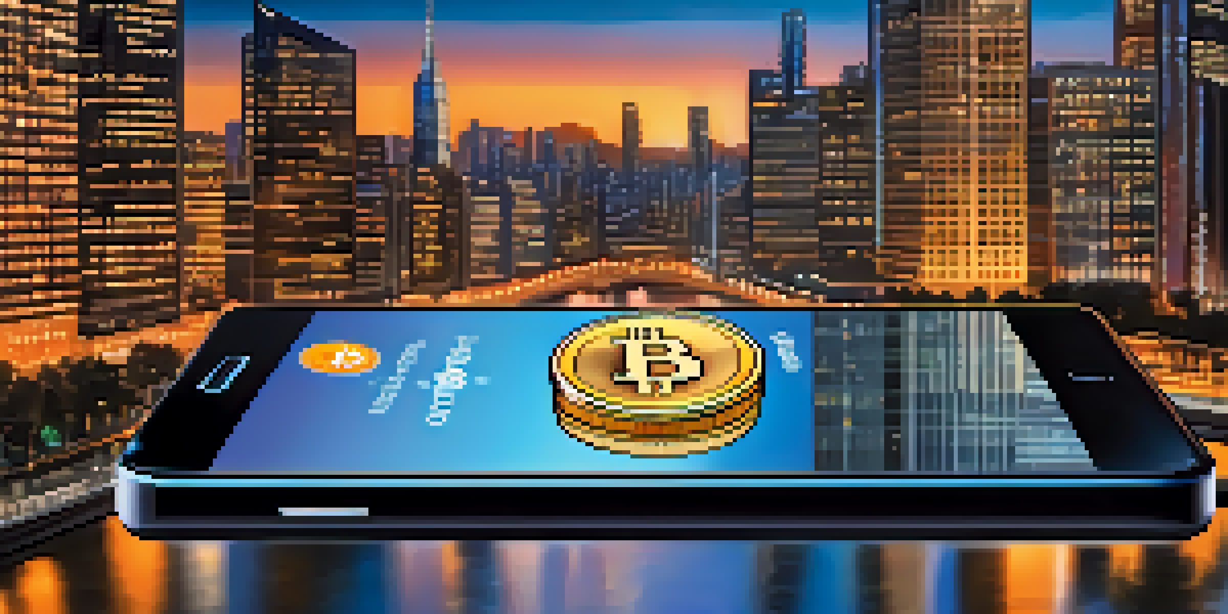 A smartphone showing a Bitcoin wallet app with Bitcoin coins floating around, against a city skyline at dusk.