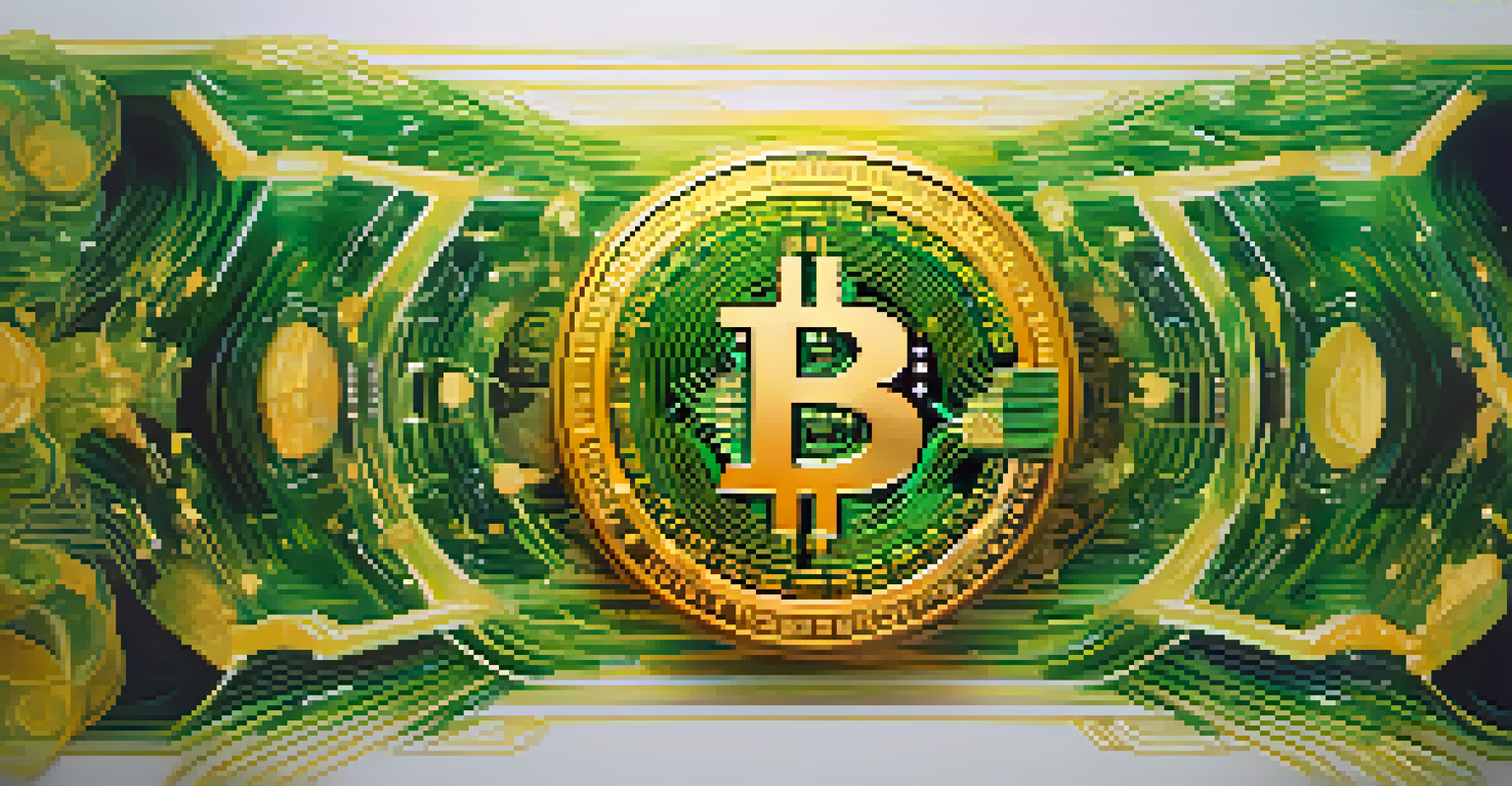 An abstract image depicting Bitcoin transactions with swirling gold and green colors, incorporating digital patterns and a futuristic glow.