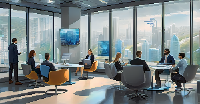 A diverse team of professionals discussing cryptocurrency compliance in a modern office with large glass windows and digital screens displaying blockchain data.