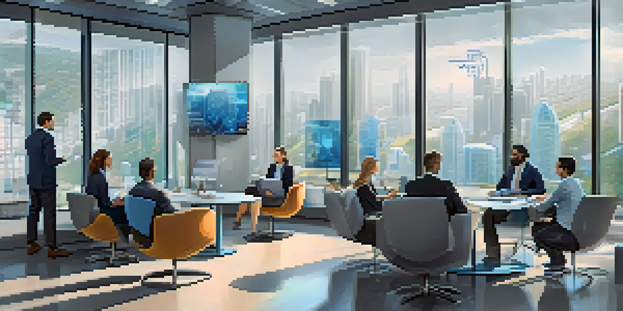 A diverse team of professionals discussing cryptocurrency compliance in a modern office with large glass windows and digital screens displaying blockchain data.